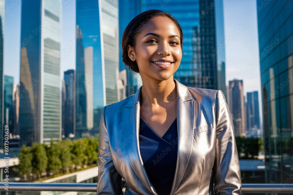 young urban business woman smiling at camera, wearing confident outfit, silver jacket, urban city skyline in background, successful corporate professional young urban business woman smiling at camera, wearing confident outfit, silver jacket, urban city skyline in background, successful corporate professional