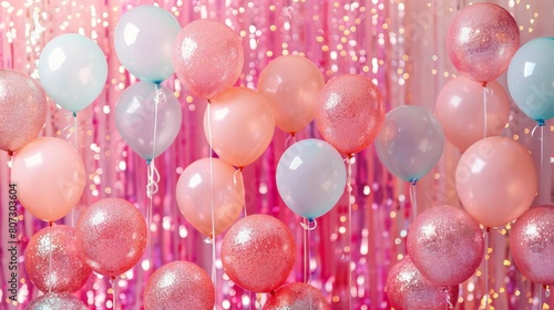 Pink and blue balloons hanging from the ceiling. The balloons are scattered throughout the room, creating a festive atmosphere