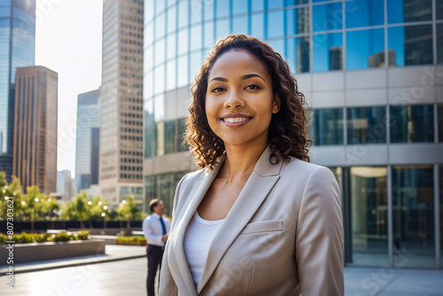 portrait of smiling multiracial businesswoman with curly hair looking at camera, standing in business plaza in front of corporate building of city skyline in morning photo