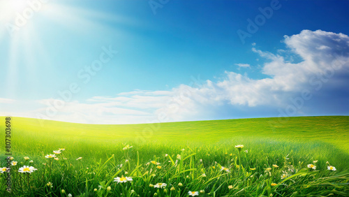Green grass and daisies with blue sky in the background.  Nature background. Copy space.
