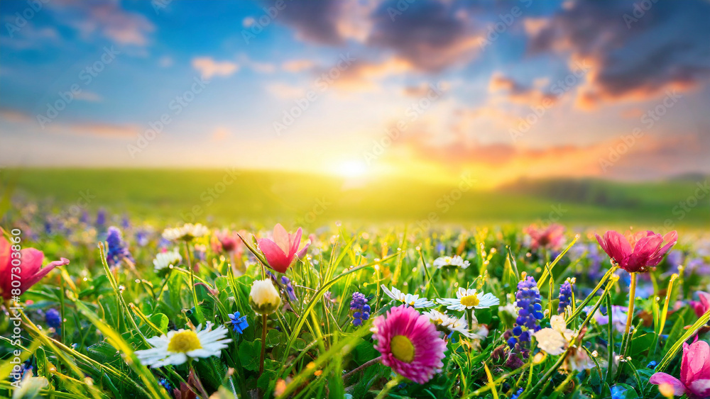 Obraz premium Beautiful spring meadow with blooming flowers at sunset