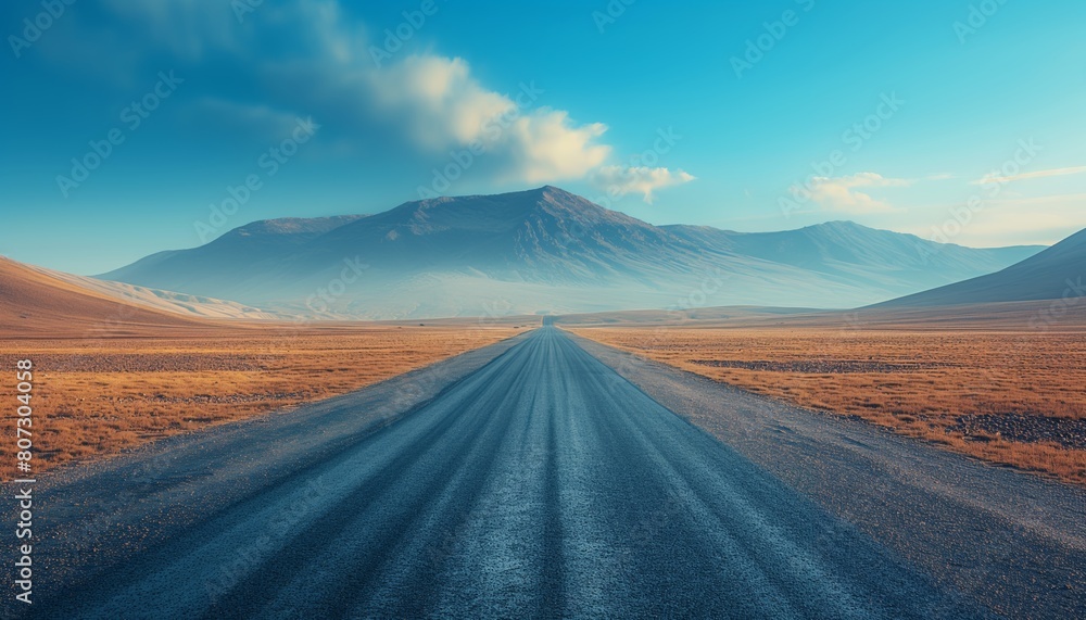 Open road in a vast desert with distant mountains