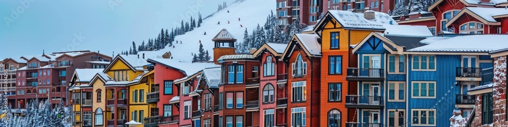 Obraz premium Snowboarding in Steamboat Springs: Exploring the Colorful Old Architecture with Red and Blue Bricks