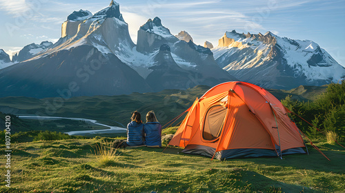 Camping in the mountains. Couple sitting in front of an orange tent against the backdrop of a mountain landscape. Outdoor recreation, adventure and an active lifestyle