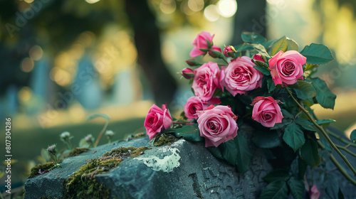 Bouquet of pink roses on the grave in the cemetery