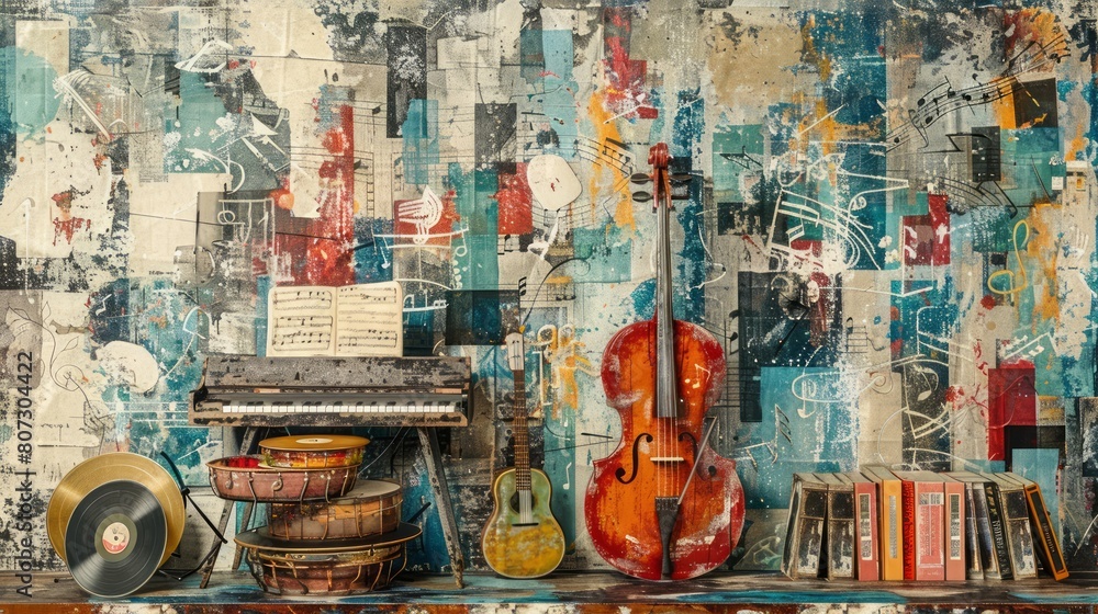 Naklejka premium A wall with a colorful background and a bunch of musical instruments on it. The instruments include a cello, a guitar, and a keyboard. There are also some books and a bowl on the table