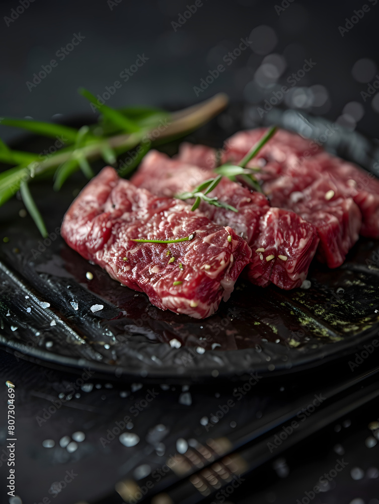 close up of fatty raw wagyu/kobe steak meat with herb garnish on a black stone plate close up of fatty raw wagyu/kobe steak meat with herb garnish on a black stone plate