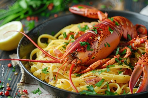 Savory Homemade Lobster Pasta. Cooked Lobster Claw on Dish. Delicious Crustacean Cookery for Dinner