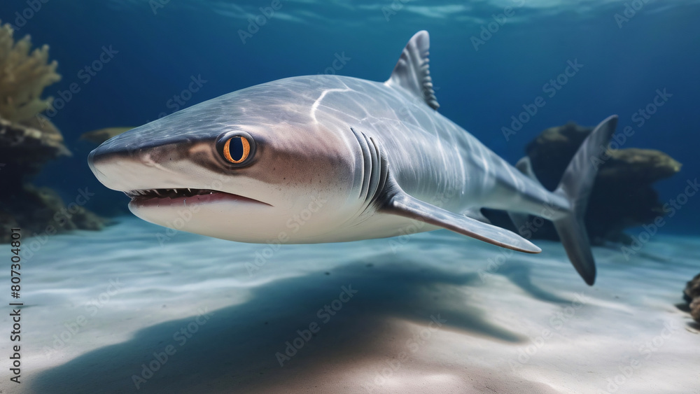 Obraz premium Shark Swimming Scouting And Hunting For Food In Its Natural Habitat Underwater Photography Style 300 PPI High Resolution Image