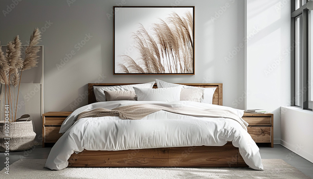 bedroom setup with frame on the wall generated by AI bedroom setup with frame on the wall generated by AI
