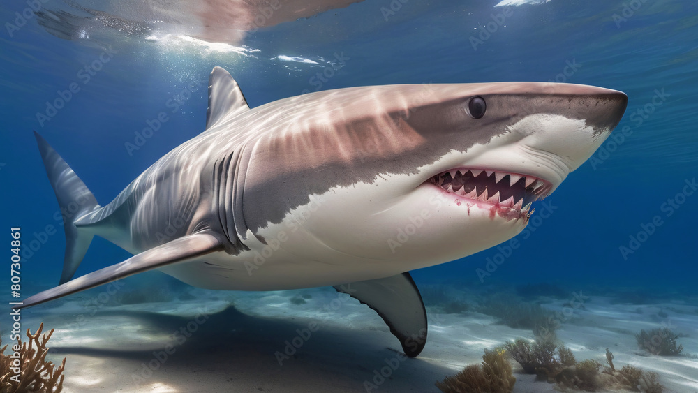 Fototapeta premium Shark Swimming Scouting And Hunting For Food In Its Natural Habitat Underwater Photography Style 300 PPI High Resolution Image