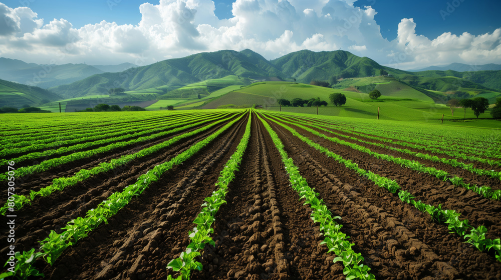 A vast green landscape with rows of plant  towards the mountain and blue summer sky. Generative A