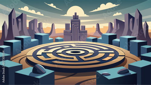 A sacred stone labyrinth tucked away in a downtown square providing a calming retreat amidst the hustle and bustle..