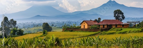 Panoramic Farmland and Village with Muhavura Volcano in Distance. Serene Beauty photo