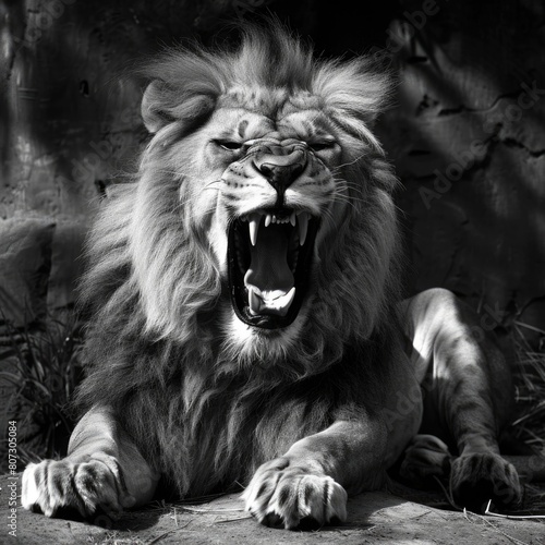 Roaring Barbary Lion: Majestic North Big Cat in Zoo Captured in Stunning Photo photo