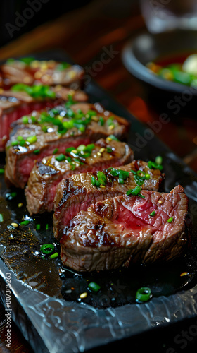 close up of fatty medium rare wagyu kobe steak meat cut with herb garnish on a black stone plate