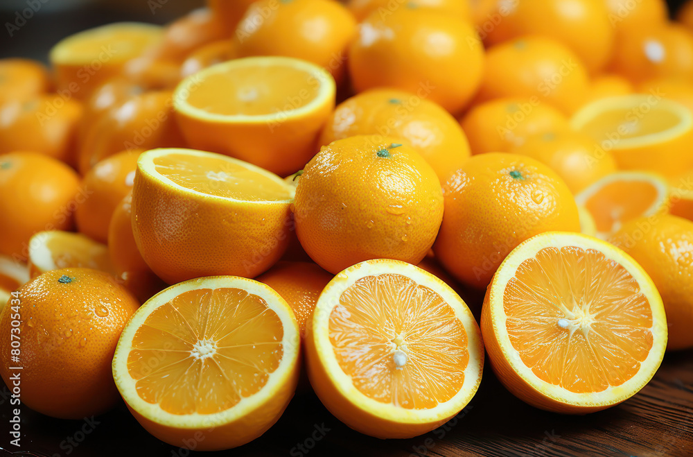 A collection of oranges, some halved, arranged on a wooden table A collection of oranges, some halved, arranged on a wooden table