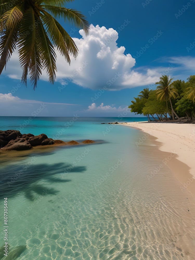 beach with coconut trees, beach and clear sea