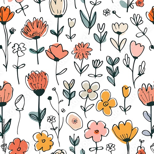 cute doodles of small plants in pastel colors in pattern