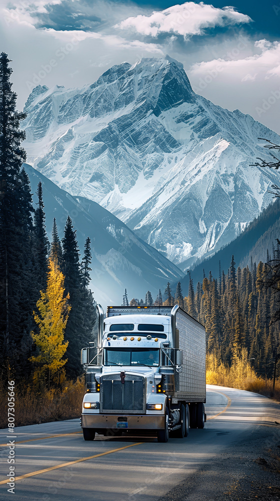 Cargo Truck Crossing Mountain Pass in Autumn, Freight Transport