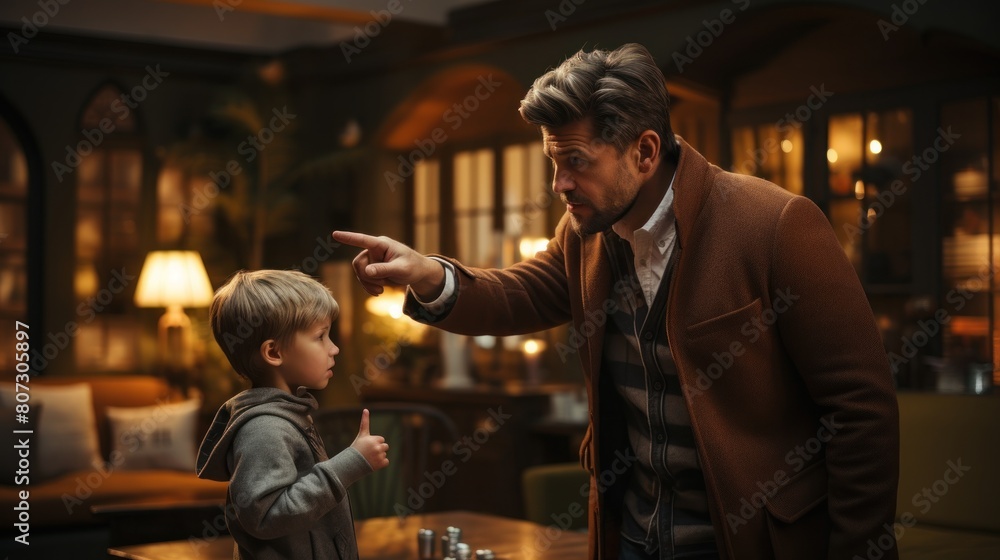 Angry Father Scolding His Young Son in a Cozy Living Room Setting Stock ...