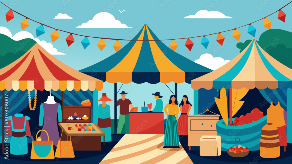 From handmade jewelry to colorful tapestries every stall offers a distinct flair and adds to the vibrant energy of the flea market.. Vector illustration