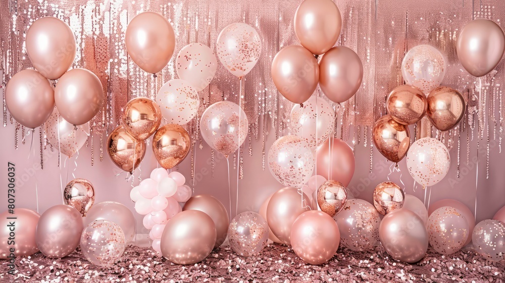 A pink and gold room with a lot of balloons A pink and gold room with a lot of balloons