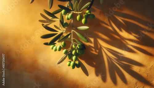 Branches d'olivier chargées d'olives vertes sous un soleil éclatant