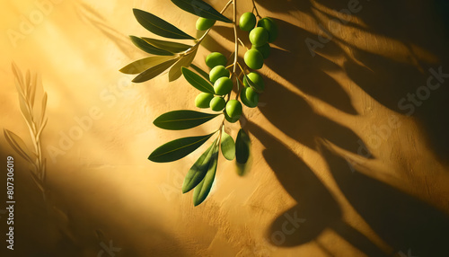 Ombres et lumière sur des olives vertes suspendues à un olivier