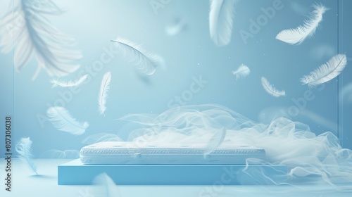 Artistic mattress banner, light blue setting with dynamic feathers floating, creatively designed with space for custom text photo