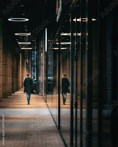 Street Photo of Man in Long Coat Walking Away in Long Corridor with Reflection in Glass at Night in London, UK photo