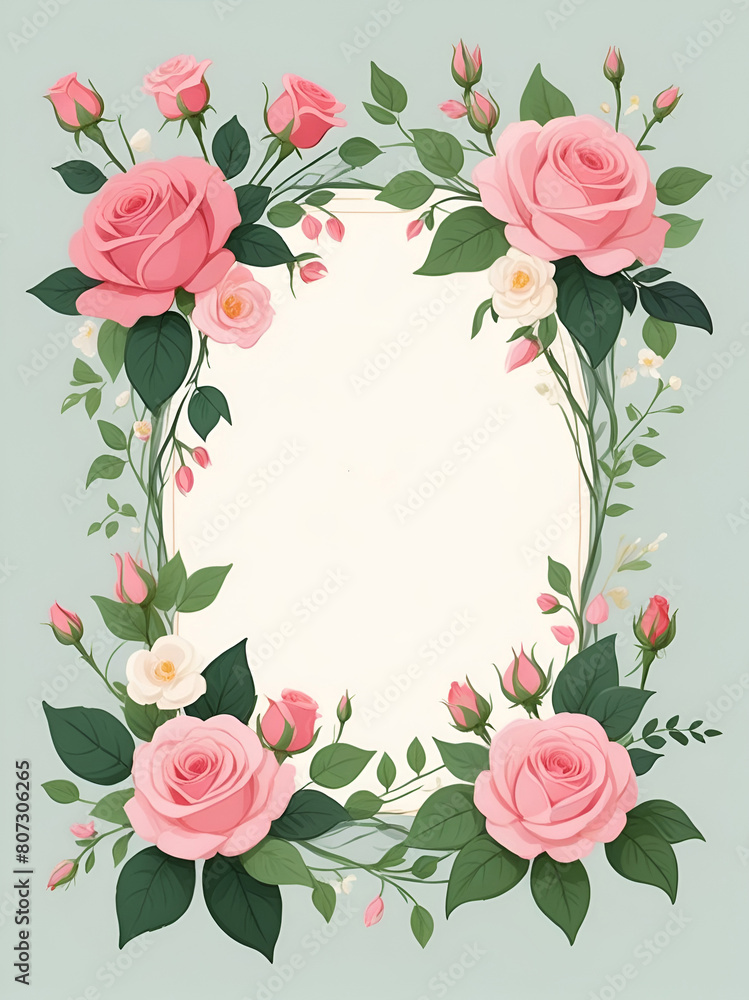 A green background with a pink rose wreath in the center. AI Generative A green background with a pink rose wreath in the center. AI Generative