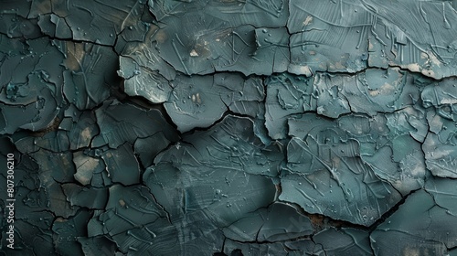 Close-up, high-res image focusing on the complex textures of cracked paint, enhanced by strategic lighting