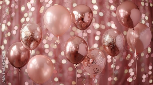 Pink and gold balloons with glittery confetti on them. The balloons are arranged in a row and are hanging from the ceiling. Scene is celebratory and festive