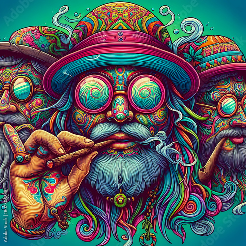 Digital art vibrant colorful psychedelic hippie character smoking a blunt © The A.I Studio