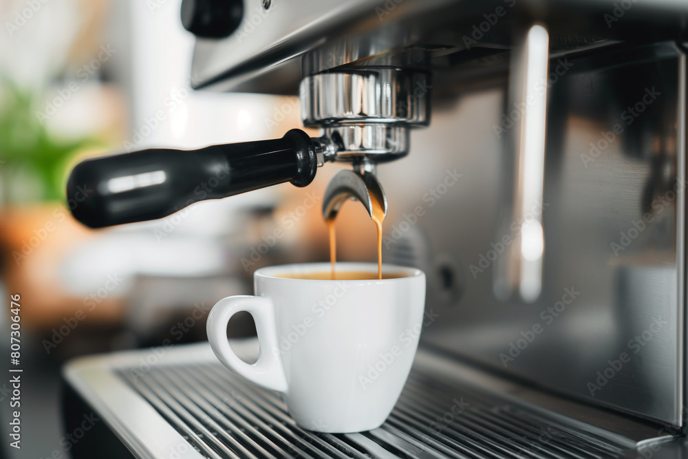 Espresso coffee machine pours espresso coffee into a white cup Espresso coffee machine pours espresso coffee into a white cup