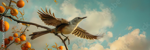 The Freedom of Flight: A Vivid Snapshot of the Texas State Bird, the Northern Mockingbird, Ascending into the Azure Sky photo