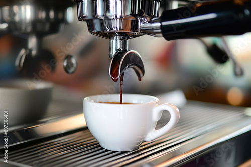 Espresso coffee machine pours espresso coffee into a white cup