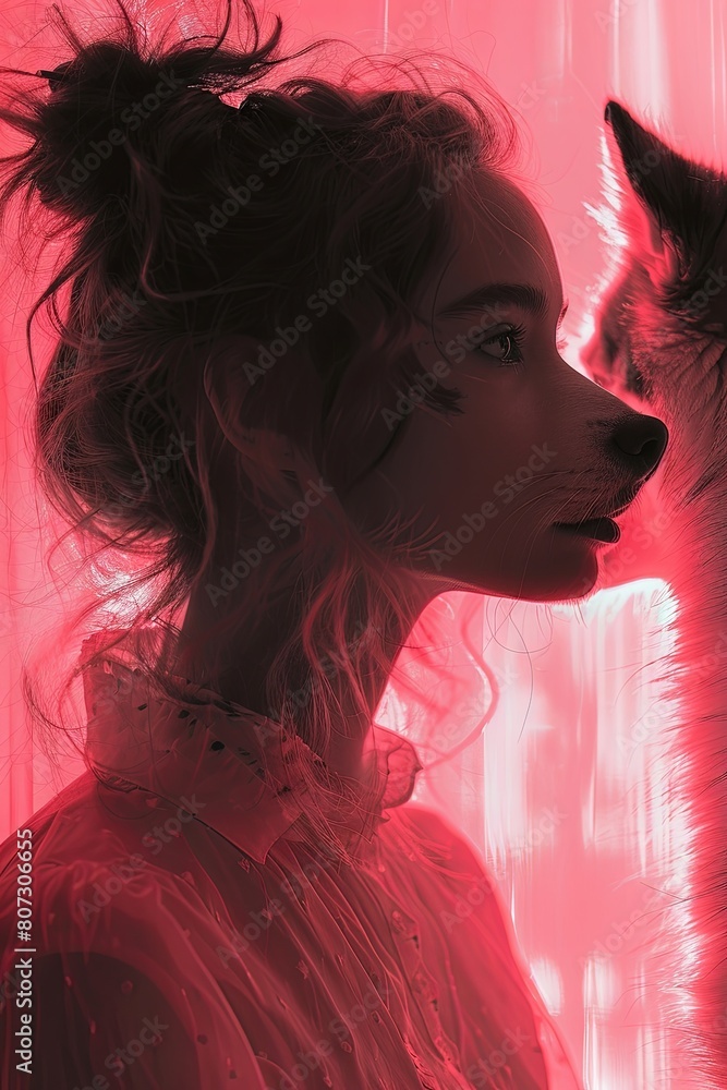Fototapeta premium Mystical Encounter: Young Woman and Wolf in a Red Neon Fantasy