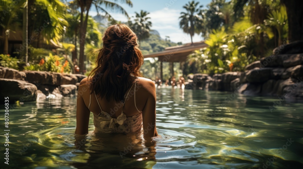 Fototapeta premium Woman Relaxes in Lush Tropical Spa Resort Swimming Pool, Serene Vacation