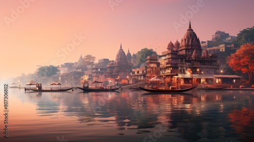 Sunrise over Varanasi, India Featuring Historic Temples and Calm River with Boats