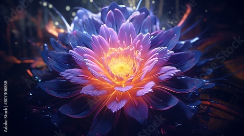 A resplendent neon flower glowing in a surreal void, emanating a serene, artificial radiance photo