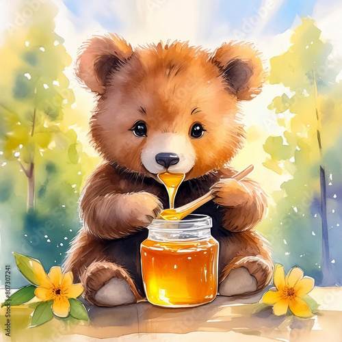 꿀을 먹고 있는 귀여운 곰돌이 photo