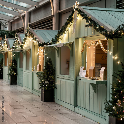 sleek holiday christmas market with light green huts