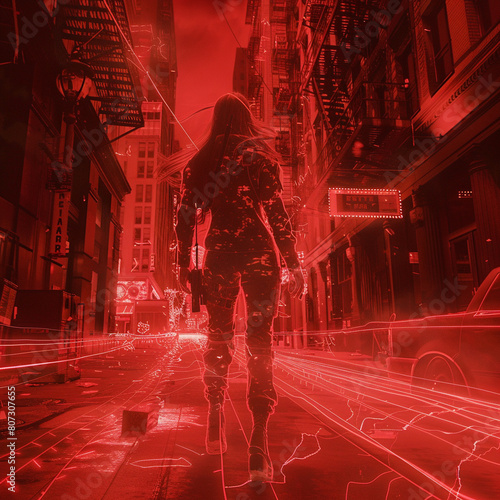 a military woman with long hair and a uniform walking in the middle of a street in an American city