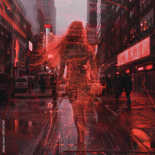 a military woman with long hair and a uniform walking in the middle of a street in an American city
