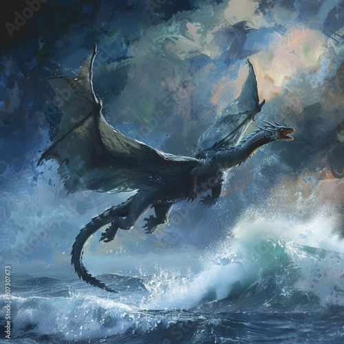 water dragon flying over the sea