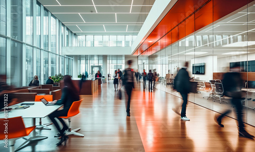 blurred business people walking in an office, motion blur modern colors, movement, people moving, team in action, time lapse  photo