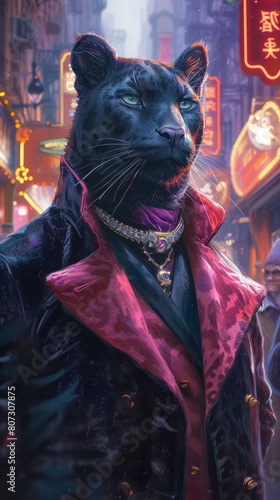 he enigmatic panther, clad in a sleek midnight velvet coat, prowls through a neon-lit urban jungle.