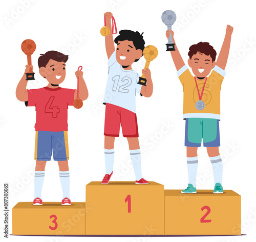 Three Jubilant Young Soccer Players Stand On Winner Podiums. Characters Holding Trophies And Medals, Vector Illustration